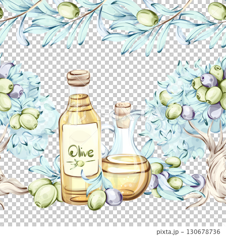 Exploring the beauty of olives and olive oil in watercolor art with a seamless pattern arrangement framed by natures vibrant colors and Italian culinary essence 130678736