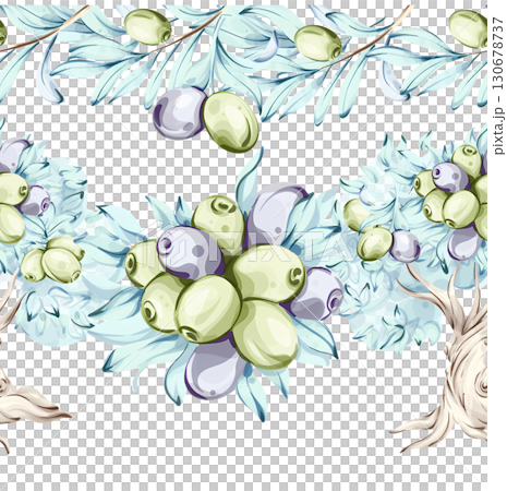 Olives and olive oil watercolor illustrations framed in a seamless pattern celebrating Italian cuisine and natures beauty with olive arrangements and borders Olives and olive oil watercolor illustrations framed in a seamless pattern celebrating Italian cuisine and natures beauty with olive arrangements and borders 130678737