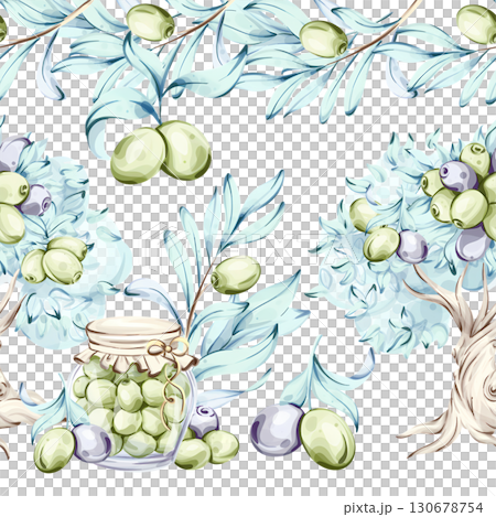 Olives and olive oil watercolor illustration series featuring seamless patterns arrangements and decorative frames inspired by Italian cuisine nature and the beauty of healthy eating 130678754