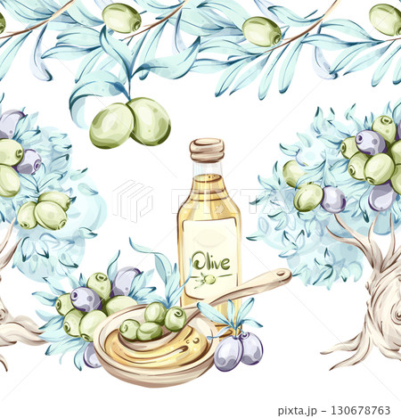 Olives and olive oil framed by nature in a seamless pattern celebrating the beauty of Italian cuisine and healthy eating through watercolor illustrations 130678763