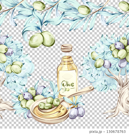 Olives and olive oil framed by nature in a seamless pattern celebrating the beauty of Italian cuisine and healthy eating through watercolor illustrations 130678763