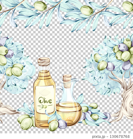 Olives and olive oil seamless pattern with frame and border arrangement inspired by Italian cuisine nature and nourishing beauty 130678768