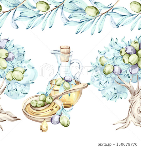Olives and olive oil series in watercolor style with seamless pattern frame and border arrangement that embodies Italian cuisine nature and beauty of nutrition 130678770
