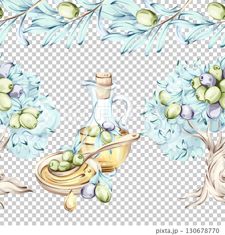 Olives and olive oil series in watercolor style with seamless pattern frame and border arrangement that embodies Italian cuisine nature and beauty of nutrition 130678770