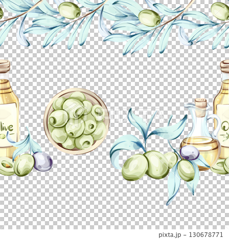 Olives and olive oil seamless pattern with frame and border highlighting the beauty of Italian cuisine nature and nutrition in a watercolor style 130678771