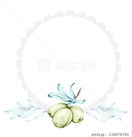 Olives and olive oil illustrated in watercolor style celebrating Italian cuisine and nature's beauty frame, border, arrangement Olives and olive oil illustrated in watercolor style celebrating Italian cuisine and nature's beauty frame, border, arrangement 130678789