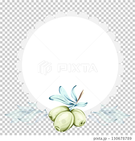 Olives and olive oil illustrated in watercolor style celebrating Italian cuisine and nature's beauty frame, border, arrangement Olives and olive oil illustrated in watercolor style celebrating Italian cuisine and nature's beauty frame, border, arrangement 130678789