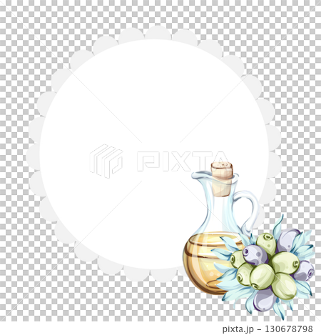 Illustration of olives and olive oil showcasing the essence of Italian cuisine and nature through watercolor art frame, border, arrangement Illustration of olives and olive oil showcasing the essence of Italian cuisine and nature through watercolor art frame, border, arrangement 130678798