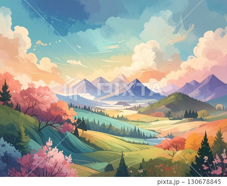 美しい山岳と自然豊かな風景のイラスト 130678845