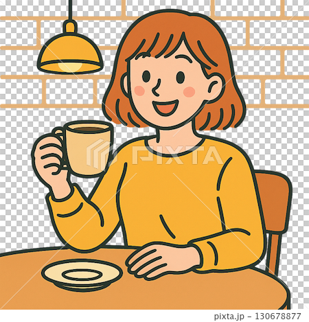 微笑的年輕女士喝咖啡 130678877