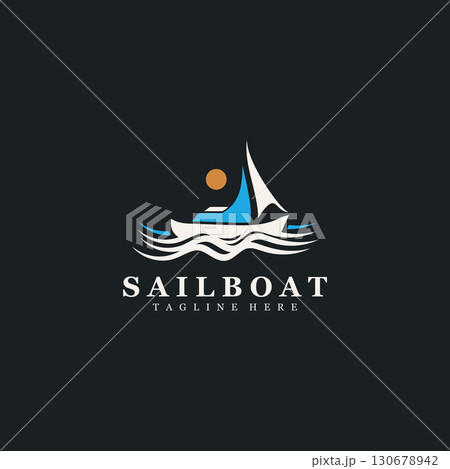 Sail boat logo water lines hipster design minimalist template illustration 130678942