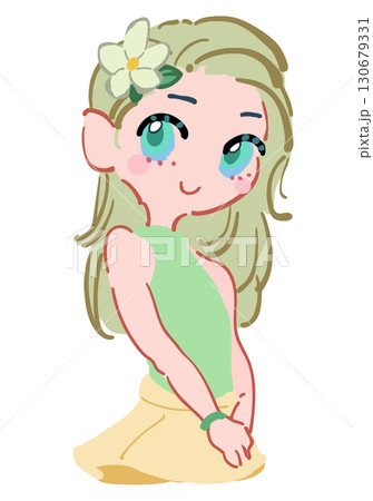 頭に花飾りを付けた落ち着きのある女の子のイラスト 緑 130679331