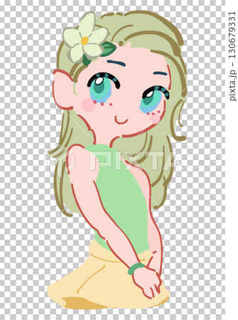 頭に花飾りを付けた落ち着きのある女の子のイラスト 緑 130679331