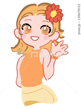 頭に花飾りを付けた快活で元気な女の子のイラスト オレンジ 130679332