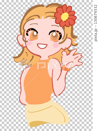頭に花飾りを付けた快活で元気な女の子のイラスト オレンジ 130679332