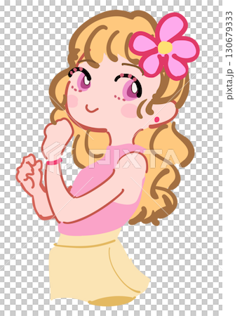 Pink illustration of a cute girl with a flower decoration on her head 130679333