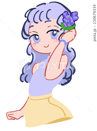 頭に花飾りを付けた穏やかそうな女の子のイラスト 薄紫 130679334