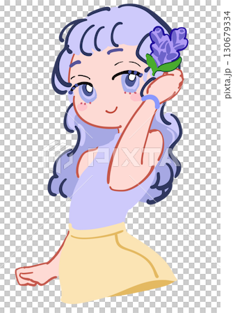 頭に花飾りを付けた穏やかそうな女の子のイラスト 薄紫 130679334