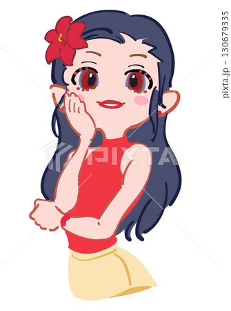 頭に花飾りを付けた強気な女の子のイラスト 赤　レッド 130679335