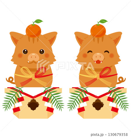 鏡餅に扮した亥年のキャラクター 130679358