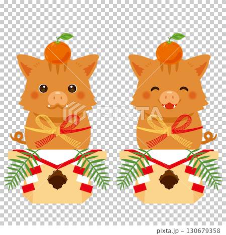 鏡餅に扮した亥年のキャラクター 130679358