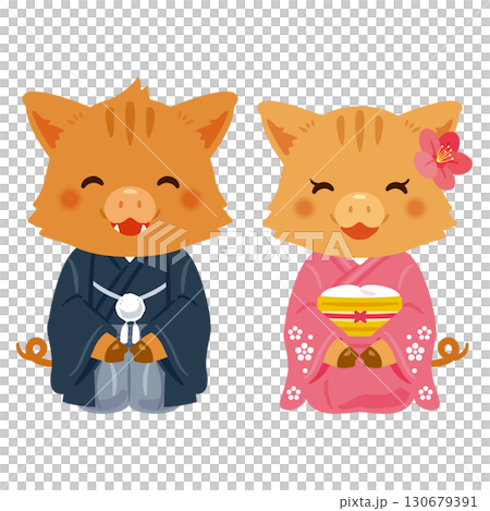 笑容滿面的豬年人物，無論男女，都穿著最華麗的服裝 130679391