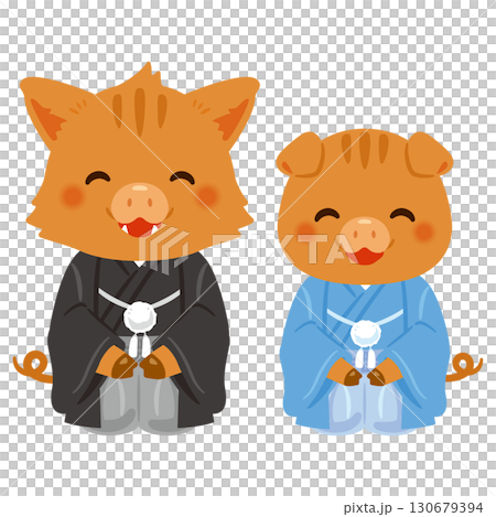 晴れ姿で笑顔な亥年のキャラクター 親子 晴れ姿で笑顔な亥年のキャラクター 親子 130679394