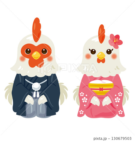 晴れ姿の酉年のキャラクター　男女 130679503