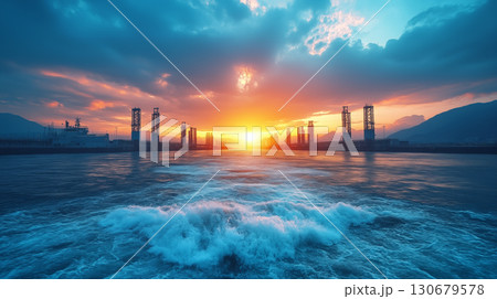 Industrial port silhouette at dramatic sunset with ocean waves, manufacturing facility with glowing sky and water reflection concept 130679578