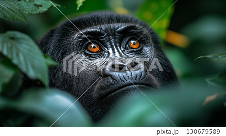 Mountain gorilla face close up with intense amber eyes in jungle habitat. Wildlife portrait showing primate intelligence and expression 130679589