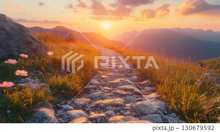 Mountain hiking path at golden sunset with wildflowers and rocky trail, leading toward sunlit peaks and colorful sky view 130679592