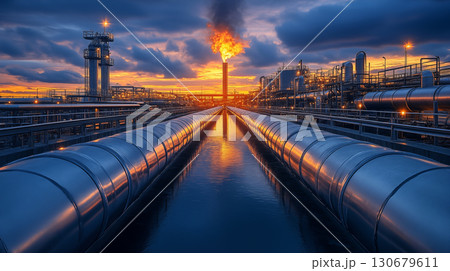 Oil refinery pipelines at sunset with gas flare burning, industrial energy production facility showing petroleum processing infrastructure Oil refinery pipelines at sunset with gas flare burning, industrial energy production facility showing petroleum processing infrastructure 130679611
