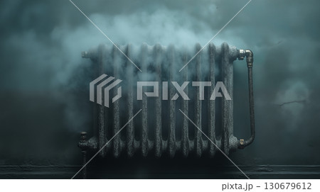 Old radiator heating system producing steam vapor in atmospheric lighting, concept of home heating and energy efficiency during winter 130679612