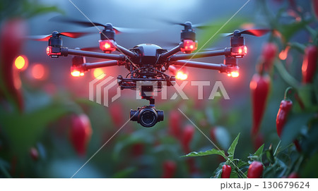 Professional drone hovering over red chili pepper garden at dusk, capturing aerial footage with mounted camera. Concept of agricultural technology and crop monitoring 130679624