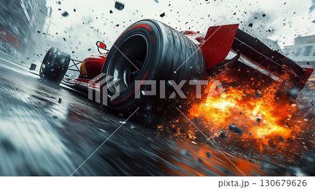 Racing car tire exploding during high-speed crash with dramatic fire and debris on wet track, showcasing motorsport intensity 130679626