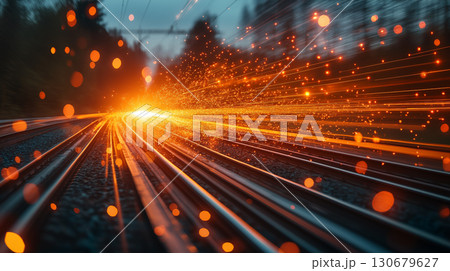 Railroad tracks converging at glowing horizon point with sparks and light trails creating futuristic effect. Modern transport infrastructure at twilight Railroad tracks converging at glowing horizon point with sparks and light trails creating futuristic effect. Modern transport infrastructure at twilight 130679627