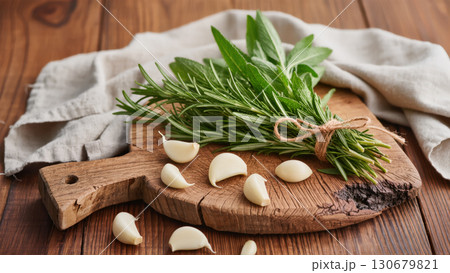 Fresh rosemary and sage bundle with garlic cloves on rustic wooden board, natural culinary preparation setup. 130679821