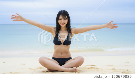 ビーチでのビキニ姿の若い女性のグラビア撮影 130679889