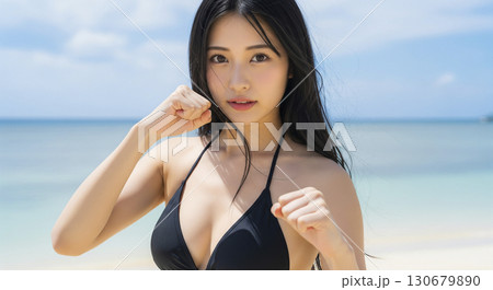 ビーチでのビキニ姿の若い女性のグラビア撮影 130679890
