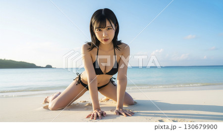 ビーチで横たわるビキニ姿の若い女性 130679900