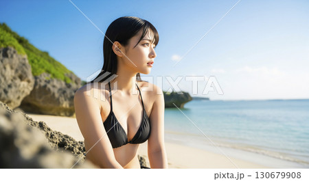 ビキニの女性　岩場に腰かけて遠くを見つめる横顔ショット 130679908
