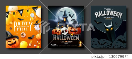 Happy Halloween party poster flyer three collections ideas design background Happy Halloween party poster flyer three collections ideas design background 130679974