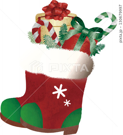 水彩で描かれたクリスマスブーツとプレゼントのイラスト素材 水彩で描かれたクリスマスブーツとプレゼントのイラスト素材 130679997