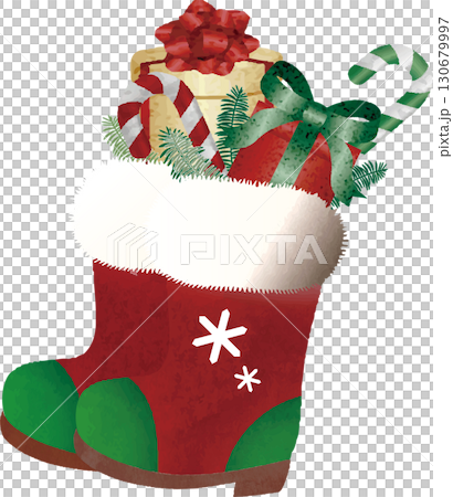 水彩で描かれたクリスマスブーツとプレゼントのイラスト素材 水彩で描かれたクリスマスブーツとプレゼントのイラスト素材 130679997