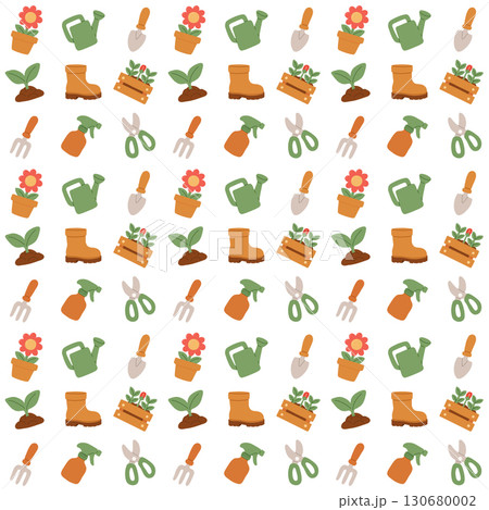 Seamless flat gardening pattern with tools, seedlings, flowers, watering can, spray bottle and boots. Spring garden background for textile, wallpaper, wrapping and eco design. 130680002