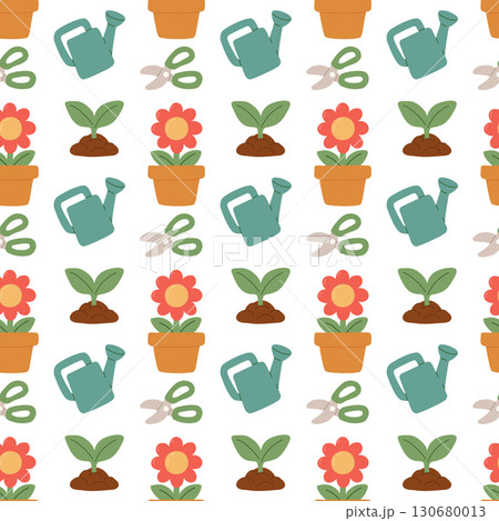 Seamless flat style gardening pattern with flowers in pots, seedlings, watering can and scissors. Spring floral background for textile, packaging, wallpaper and eco design. 130680013