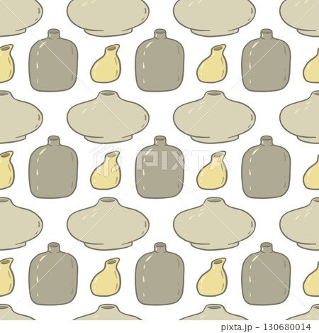 Seamless flat style pattern with minimalist ceramic vases in soft neutral colors. Pottery background for textile, wallpaper, wrapping paper and modern home decor. 130680014