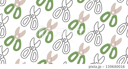 Seamless flat style gardening pattern with pruners in color and outline. Minimalist spring background for textile, wrapping, wallpaper, DIY projects and coloring pages. 130680016