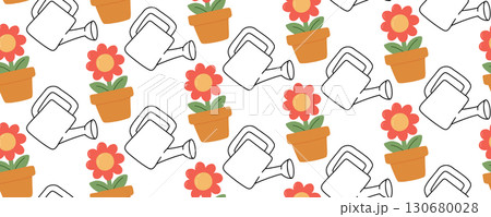 Seamless flat style gardening pattern with flower pots and outline watering cans. Floral spring background for textile, wrapping, wallpaper, childrens design and coloring pages. 130680028