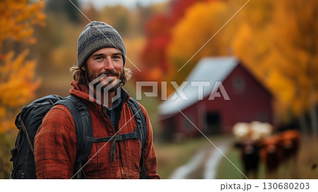 White man exploring autumn farmland with backpack near red barn. Rural adventure and agriculture lifestyle concept 130680203